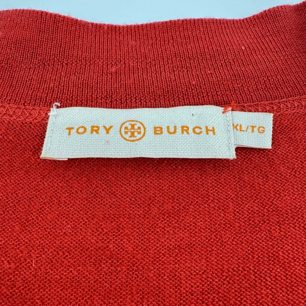Tory Burch Simone Cardigan Womens XL Orange Merino Wool V-Neck Logo Button *READ